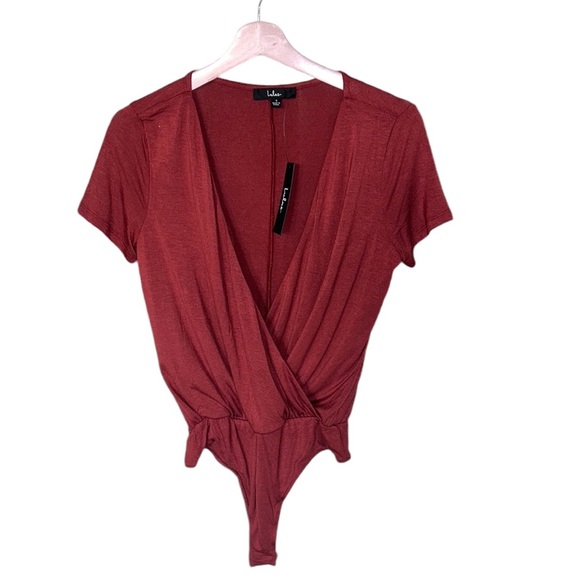 NWT Lulus Burgundy Rust Surplice Wrap Front V-Neck Short Sleeve Bodysuit - S - Picture 11 of 11